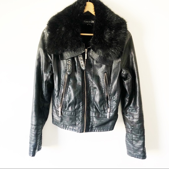 Forever 21 Jackets & Blazers - {hp} Forever 21 Black Faux Leather Fur Moto Jacket
